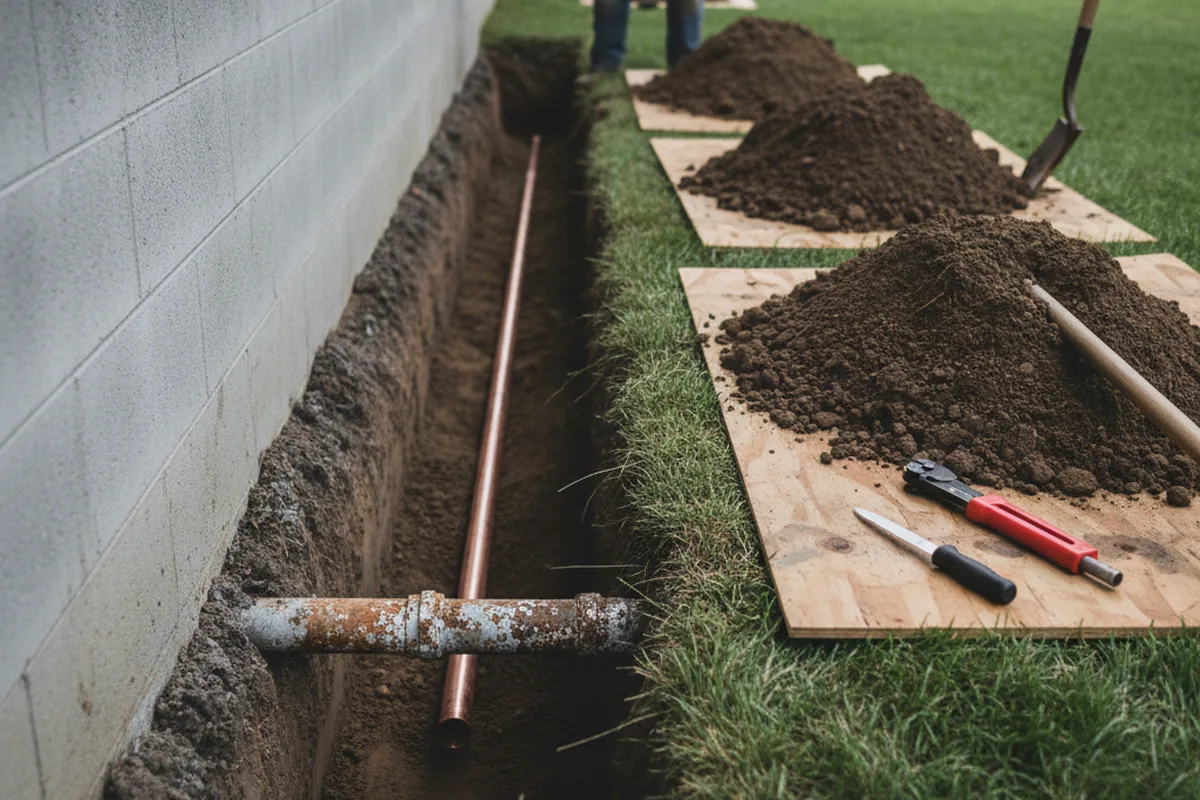 Excavated water line trench during Sewer Line Repair in Shiro